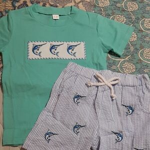 Kids Mint Green Short-Sleeve Short Set with Marlin Embroidery & Striped Shorts